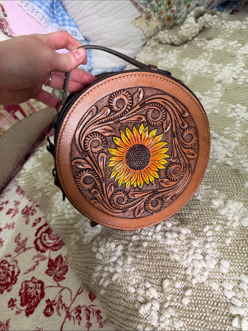 Round Tooled Leather Sunflower Trunk Bag - Brown & Yellow - Picture 4 of 6